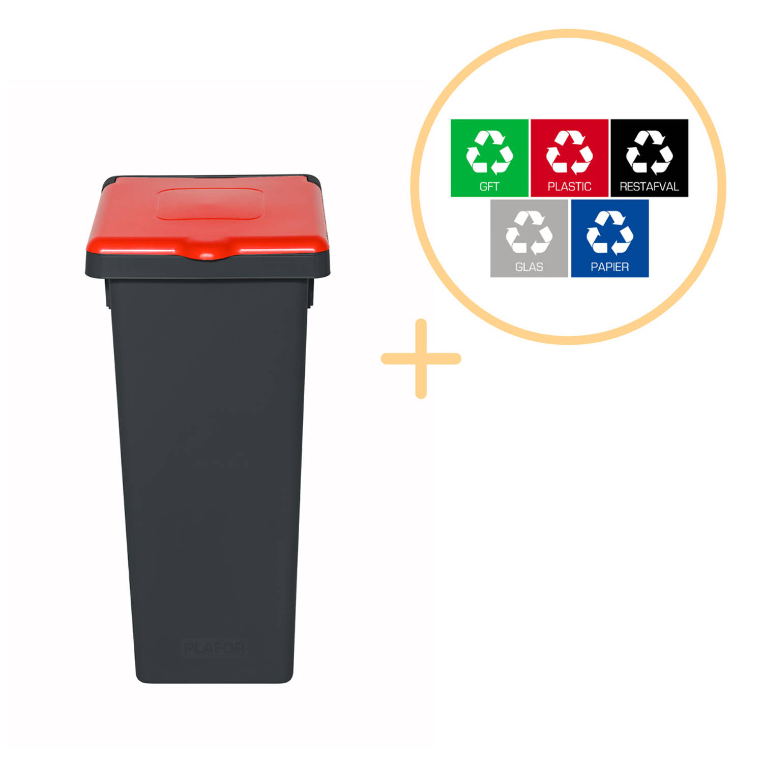 Plafor Fit Bin, Prullenbak met Deksel voor Afvalscheiding - 75L – Grijs/Rood- Inclusief 5-delige Stickerset - Afvalbak voor gemakkelijk Afval Scheiden en Recycling - Afvalemmer - V