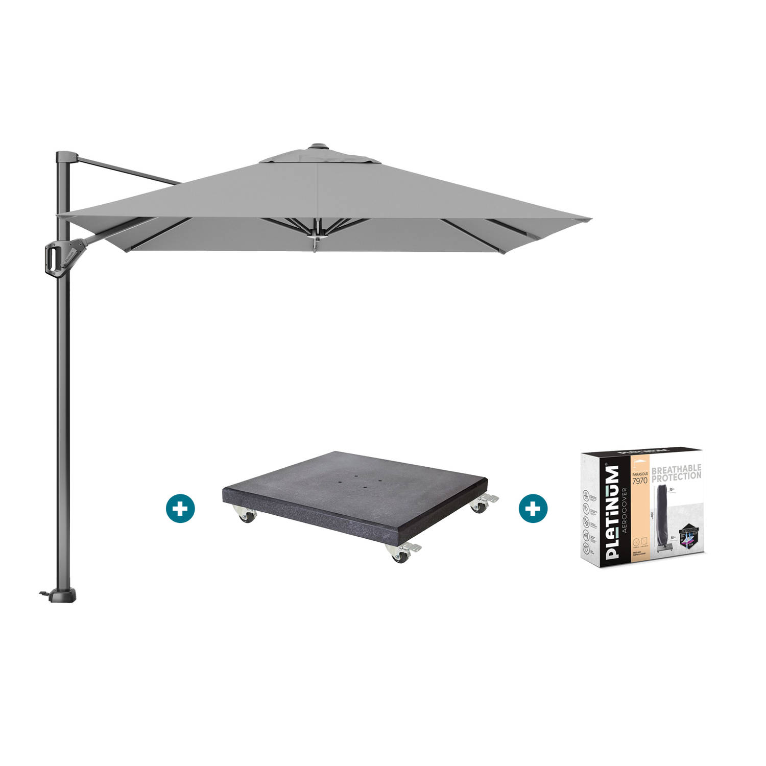 Platinum Voyager zweefparasol T1 2.5x2.5 m. - Light Grey + Modena voet + hoes