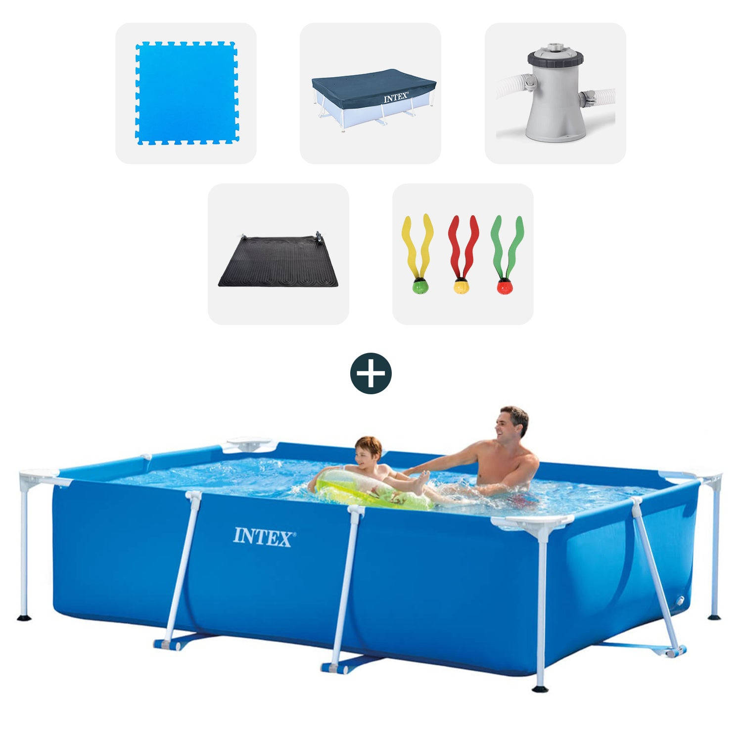 Intex zwembad - Complete set - 260x160x65 cm - Inclusief zwembadtegels - Afdekzeil - Filterpomp - Solarmat - Duikspeelgoed