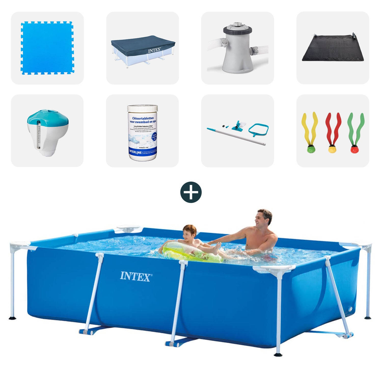 Intex zwembad - Complete set - 260x160x65 cm - Inclusief zwembadtegels - Afdekzeil - Filterpomp - Solarmat - Chloordrijver+thermometer - Chloortabletten - Onderhoudsset - Duikspeel