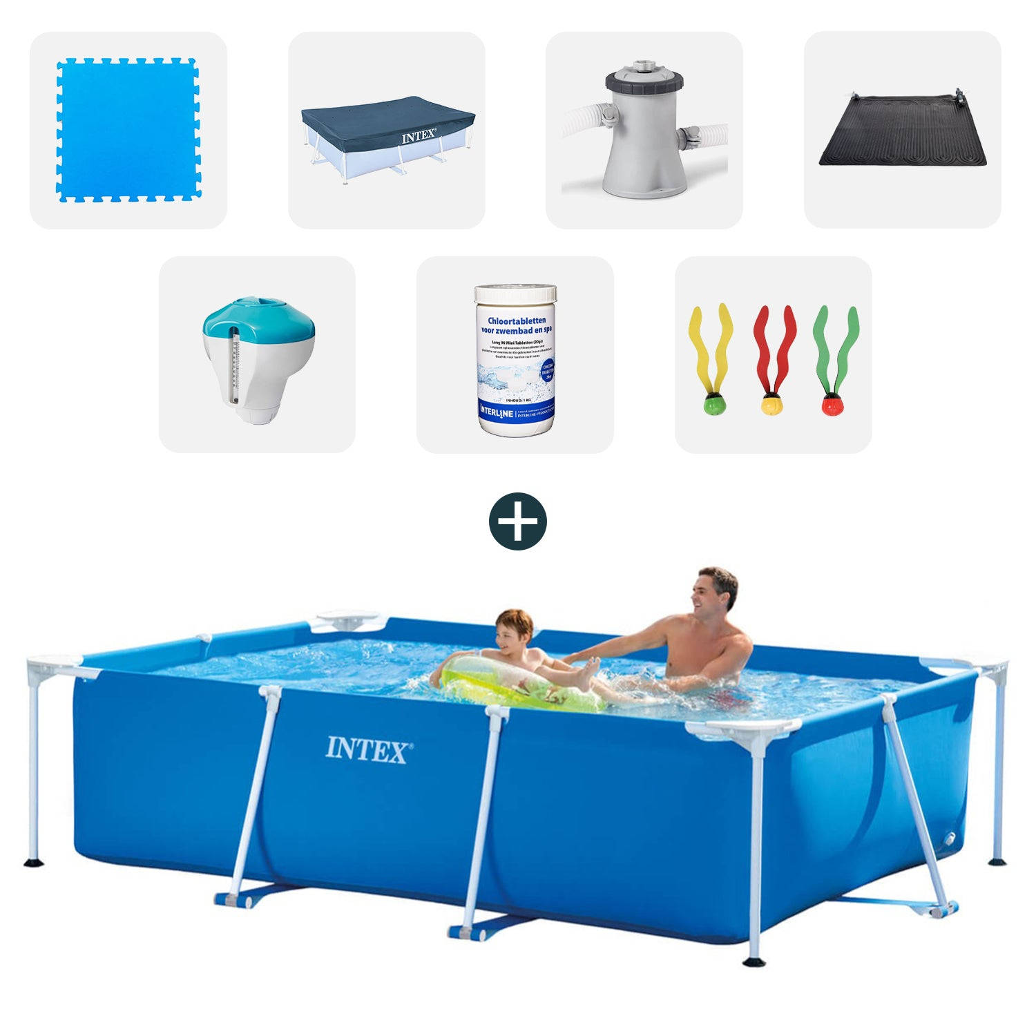 Intex zwembad - Complete set - 260x160x65 cm - Inclusief zwembadtegels - Afdekzeil - Filterpomp - Solarmat - Chloordrijver+thermometer - Chloortabletten - Duikspeelgoed