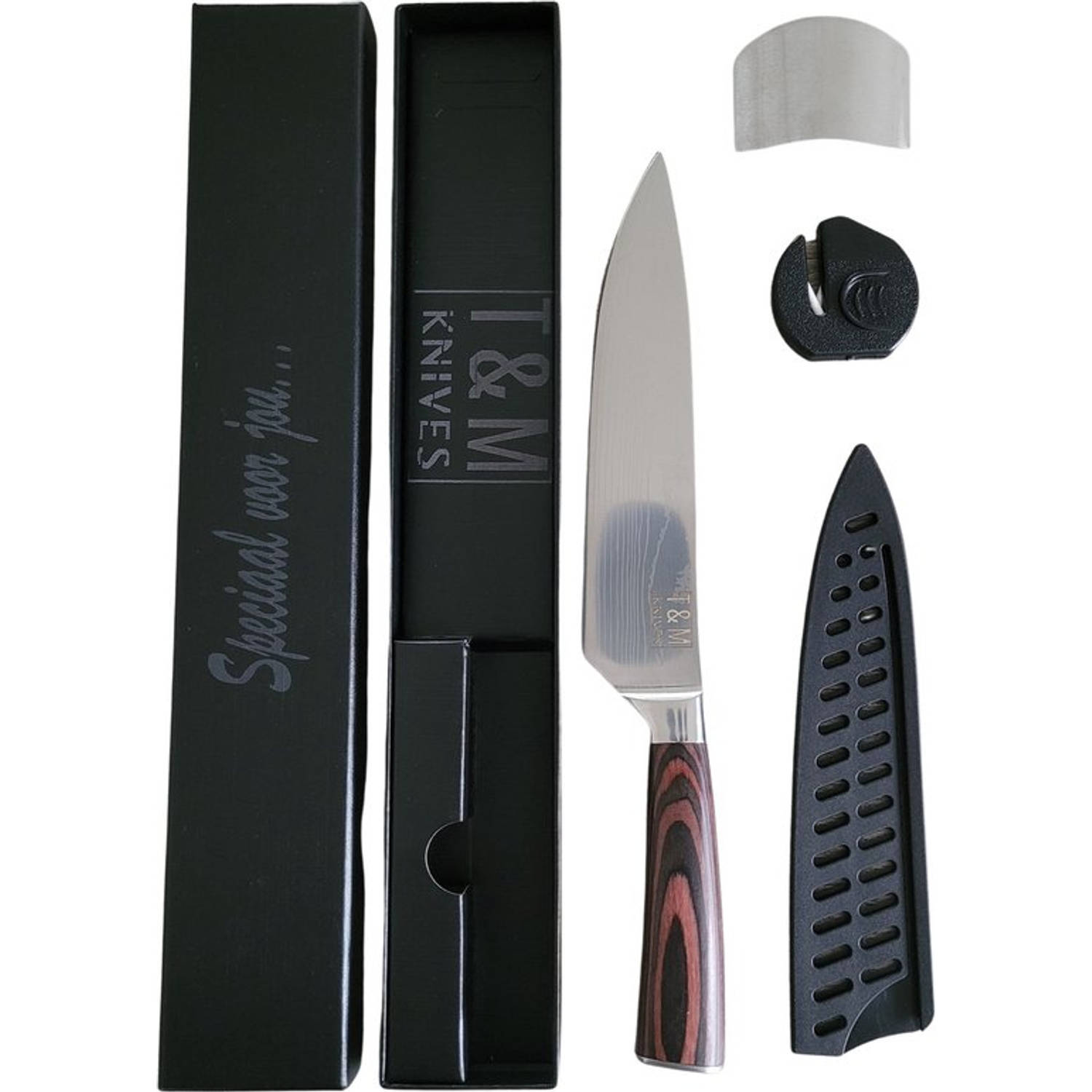 T&M Knives Japans Keukenmes Pakkas XL - Prachtig Japans Koksmes Van Gehamerd Staal - Vingerbeschermer en Messenslijper en Cadeaubox