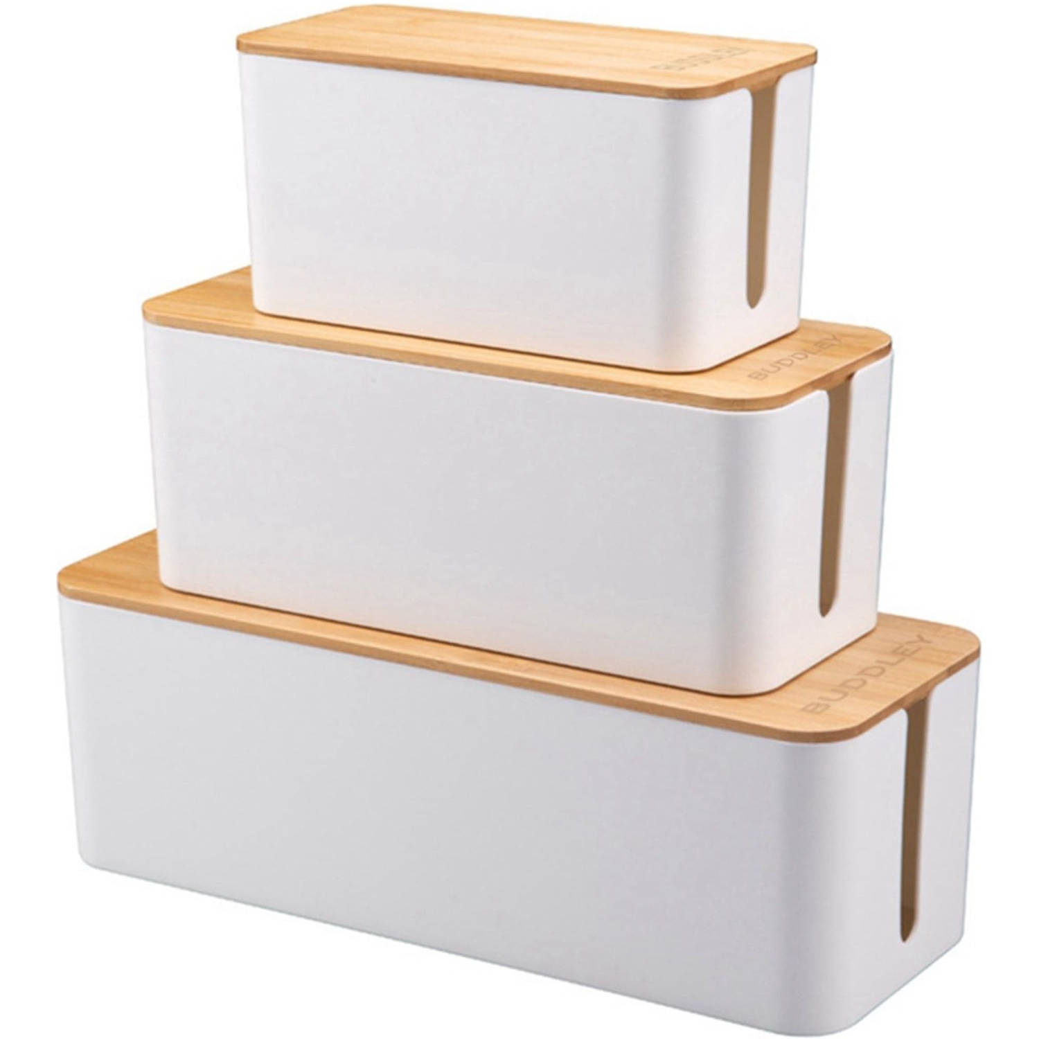 BUDDLEY® Kabelbox Wit Bamboe (SET) - Kabeldoos - Kabel Opbergbox Stekkerdoos - Kabel Management onder bureau - Kabel Organiser Bureau - Kabel Organiser - Kabelbox Stekkerdoos - Cab