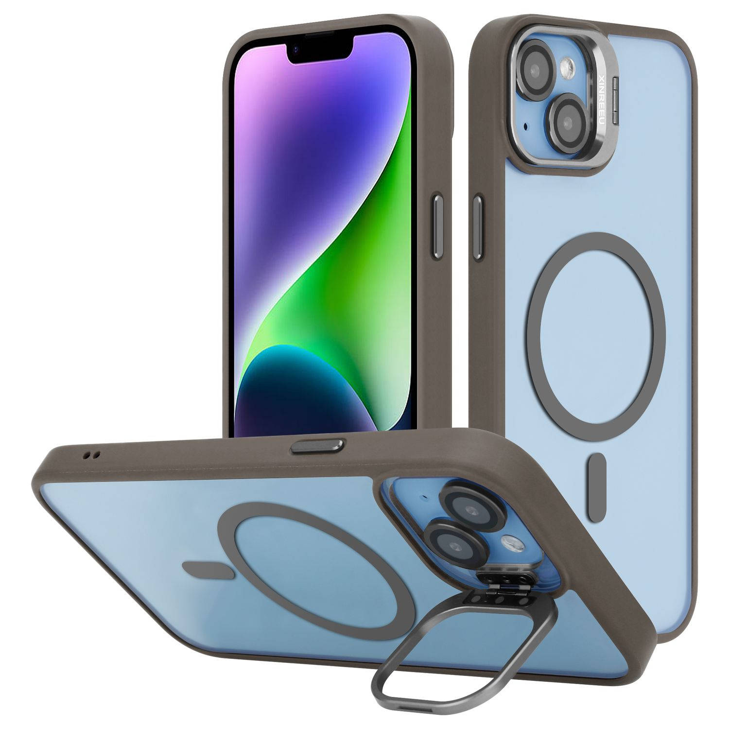 Cadorabo Hoesje geschikt voor Apple iPhone 14 in Grijs geschikt voor MagSafe en standfunctie inclusief cameralensbescherming TPU-siliconenrand