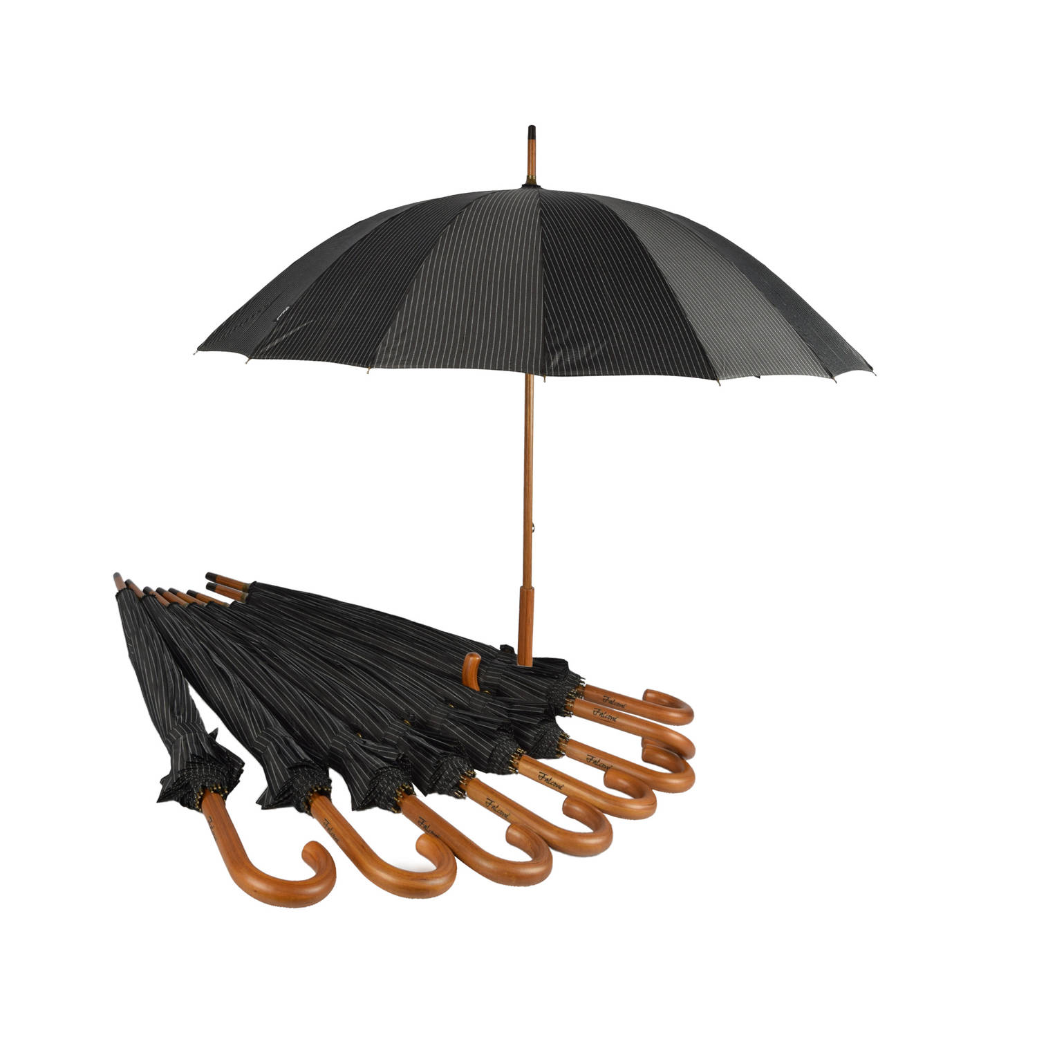 Negen Stevige Paraplu&apos;s voor Maximale Bescherming - Zwart met Witte Streepjes - Met Houten Handvat - 102cm Diameter
