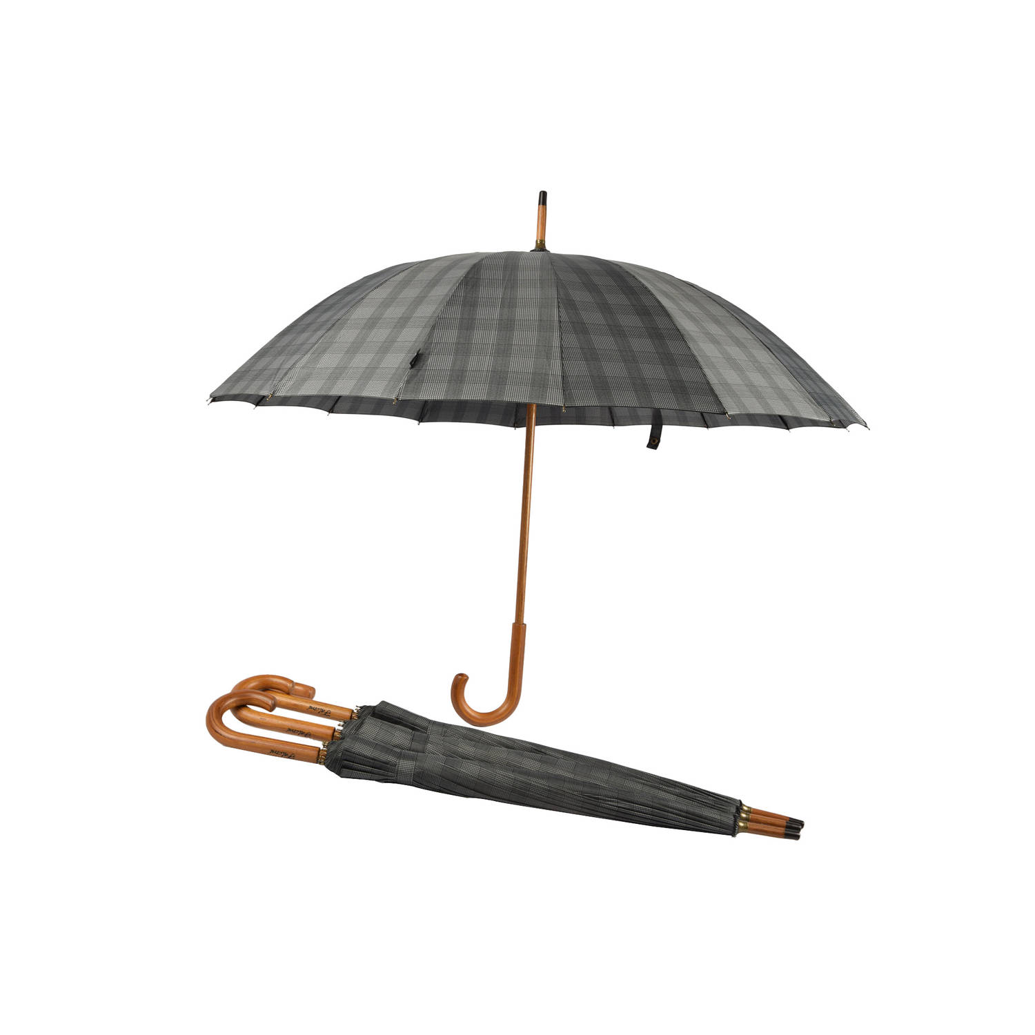 Set Van 4 Grijze Geruite Premie Paraplu's Met 16 Banen| Perfect Voor Volwassenen | Diameter 102 Cm & Lengte 89 Cm | Windproof Paraplu met Houten Handvat