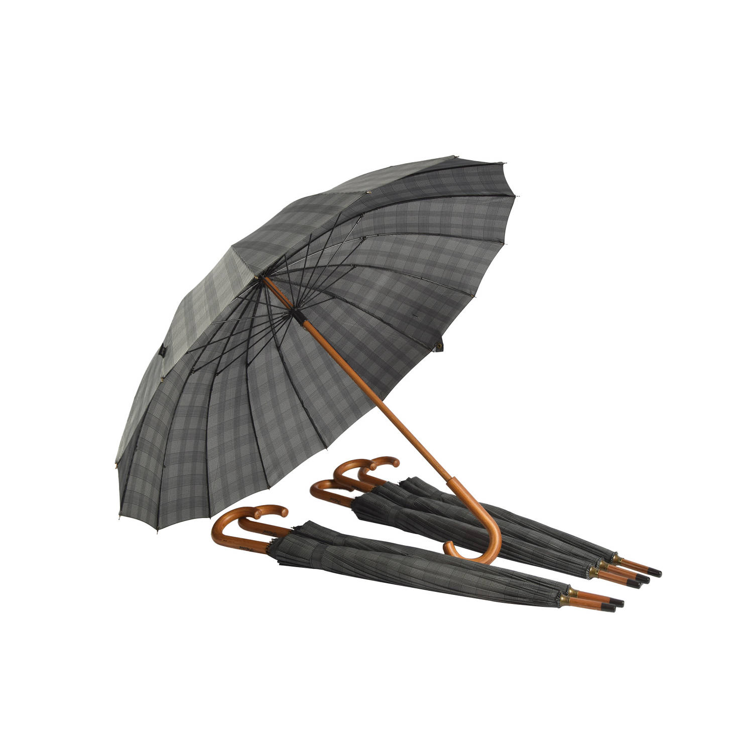 Set Van 6 Premium Houten Paraplu's | Grijze Geruite Met 16 Banen | Ideaal Voor Buitenavonturen | Diameter 102cm & Lengte 89cm | Windproof