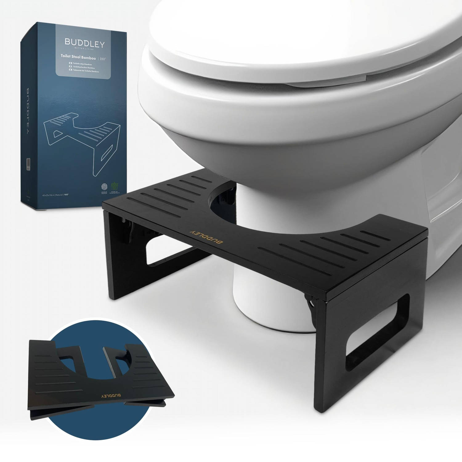 Toiletkrukje Bamboe Inklapbaar Zwart Opvouwbaar Opstapkrukje WC Krukje Volwassenen WC Krukje voor de
