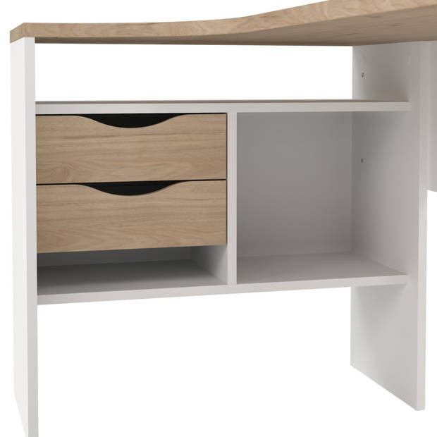 FunctionPlus bureau hoek 3 planken 2 laden okkernoot decor wit.