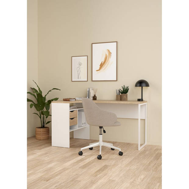 FunctionPlus bureau hoek 3 planken 2 laden okkernoot decor wit.