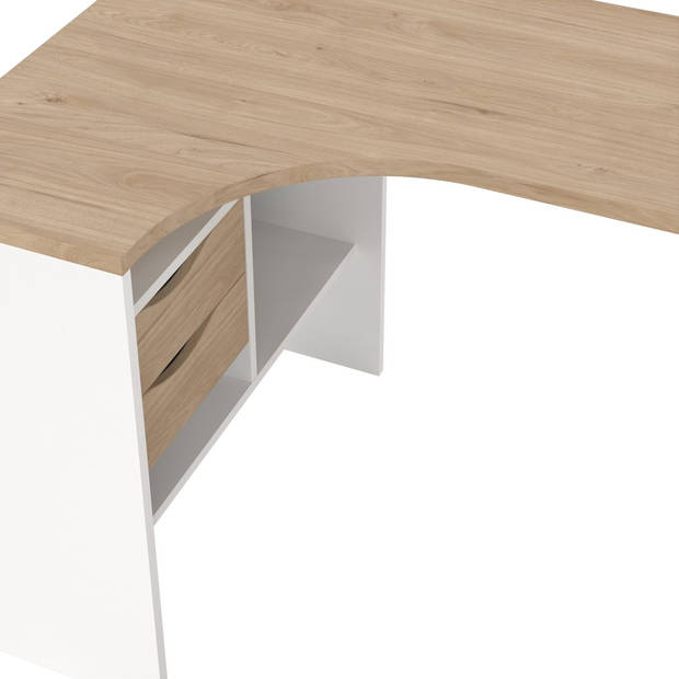 FunctionPlus bureau hoek 3 planken 2 laden okkernoot decor wit.