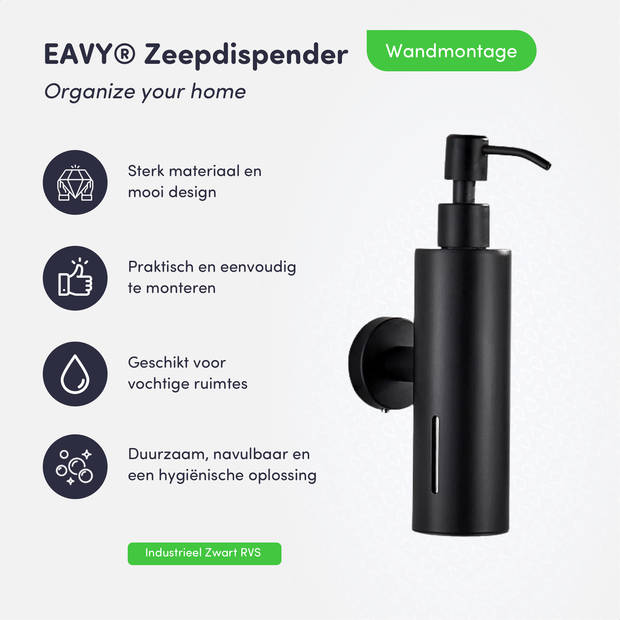 EAVY - Zeeppompje - Zeepdispenser Wandmontage - Zwart - Hangend - RVS - Badkamer accessoires