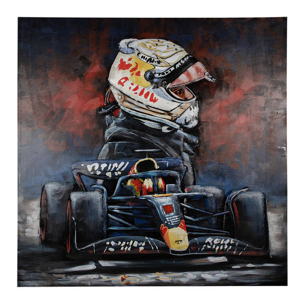 Clayre & Eef 3D Schilderijen metaal 100x100 cm Blauw Rood IJzer Racecar Muurdecoratie Blauw Muurdecoratie