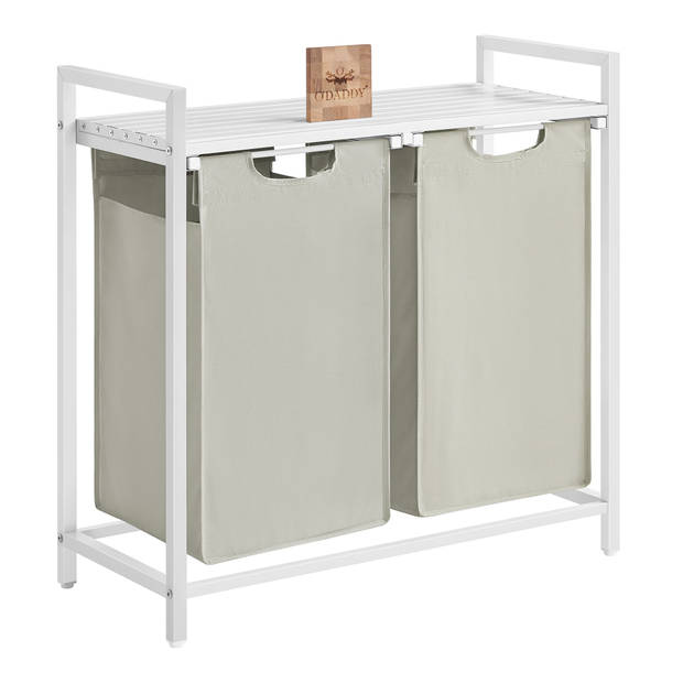 O’DADDY Wasmand 2 vakken – Uitschuifbare wassorteerder met plank - 73 x 33 x 72 cm – Wasbox metaal - Wit