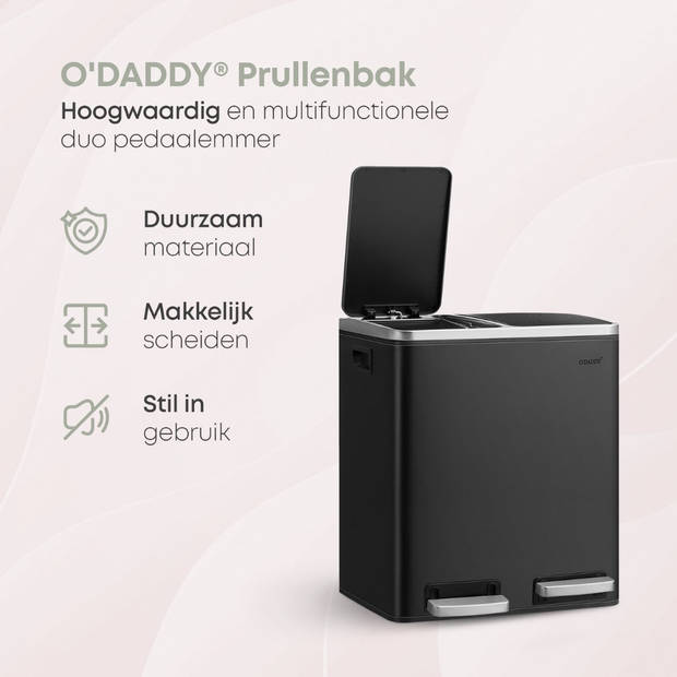 O'DADDY® Prullenbak Afvalscheiding - 30 Liter - Softclose Dubbele Vakken - Incl. Afvalzakken - Metaal - Zwart