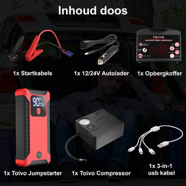 Toivo 12V Jumpstarter voor Auto - 1000A / 20.000 mAh - 4-in-1 Starthulp met Powerbank, LED Zaklamp en SOS Noodlicht