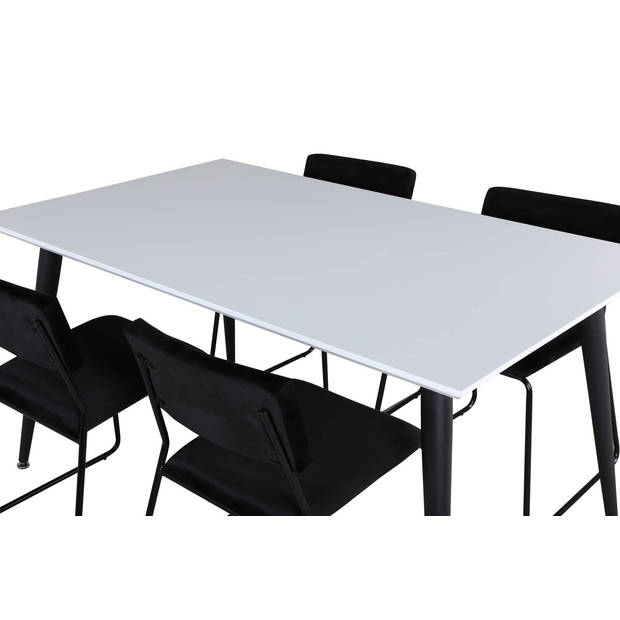 Jimmy150 eethoek eetkamertafel uitschuifbare tafel lengte cm 150 / 240 wit en 4 Kenth eetkamerstal velours zwart.