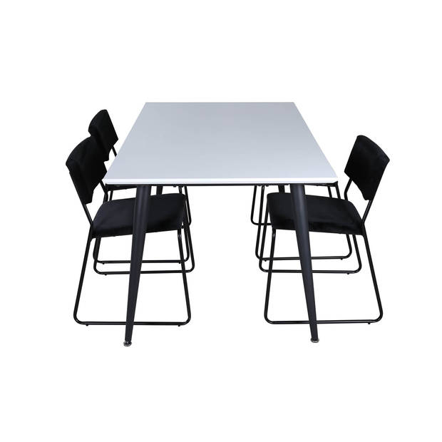 Jimmy150 eethoek eetkamertafel uitschuifbare tafel lengte cm 150 / 240 wit en 4 Kenth eetkamerstal velours zwart.