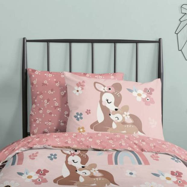 Good Morning Kinderdekbedovertrek bambi hert met regenboog - Roze - 140x200/220 cm - Katoen