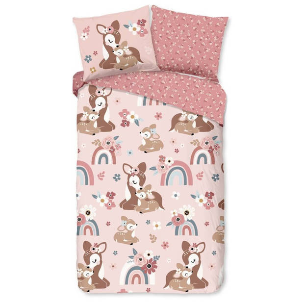 Good Morning Kinderdekbedovertrek bambi hert met regenboog - Roze - 120x150 cm - Katoen