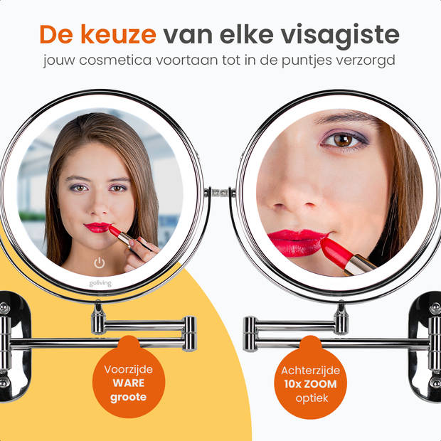 Goliving Make Up Spiegel Met Verlichting - Ø23 cm - 10x Vergroting - Dimbaar - Scheerspiegel - Oplaadbaar - Chroom