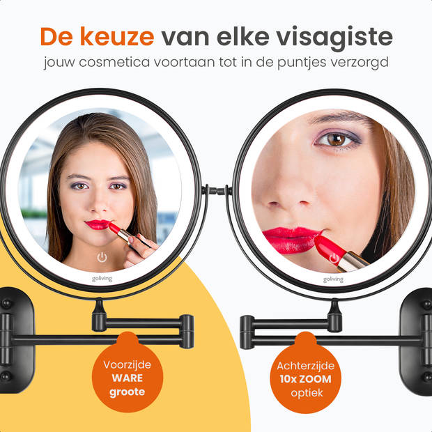 Goliving Make Up Spiegel Met Verlichting - Ø23 cm - 10x Vergroting - Dimbaar - Scheerspiegel - Oplaadbaar - Zwart