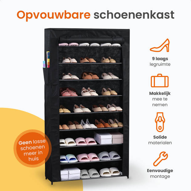 Goliving Opvouwbare Schoenenkast - 9 Laags - 98 x 28 x 160 cm - Stoffen Kledingkast - Kleerkast - Zwart