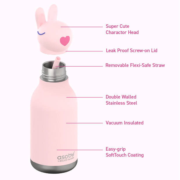 asobu bunny bestie drinkfles 295ml rvs siliconen konijn