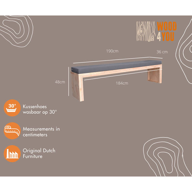 Wood4you - Tuinbank - Amsterdam - incl kussen 190 cm parkbank - zitbank - bank - tuinbank hout