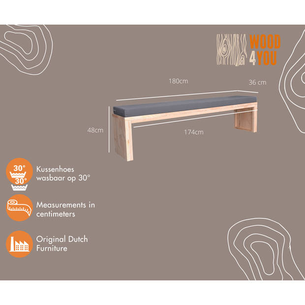 Wood4you - Tuinbank - Amsterdam - incl kussen 180 cm parkbank - zitbank - bank - tuinbank hout