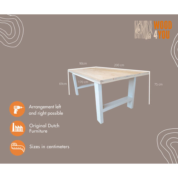 Wood4you - Eettafel Seattle blanco geschaafd vurenhout - wit - 200/90 cm - 200/90 cm - Eettafels