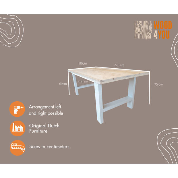 Wood4you - Eettafel Seattle blanco geschaafd vurenhout - wit - 220/90 cm - 220/90 cm - Eettafels