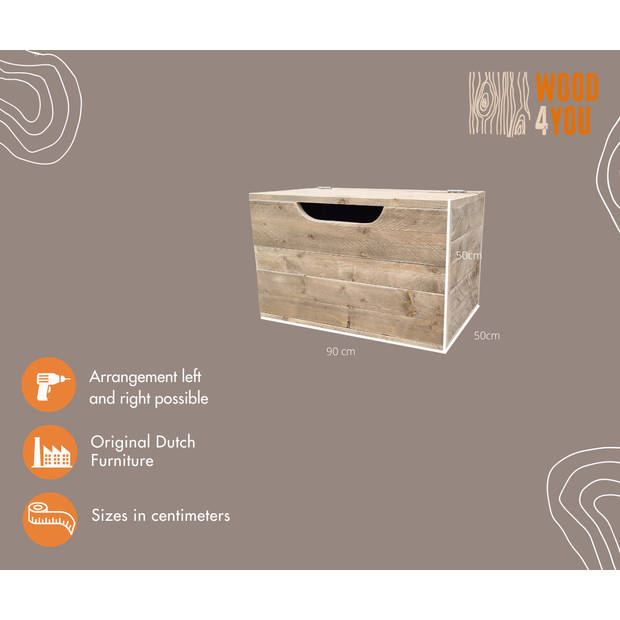 Wood4you - Speelgoedkist - Kick opbergkist 90Lx50Dx50H cm - Opbergkist - Dekenkist - Opruimkist - Speelgoedbank