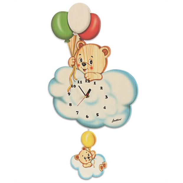 Bartolucci Muurklok hout beer op wolk met ballonnen 1 stuks Meerdere kleuren Hout