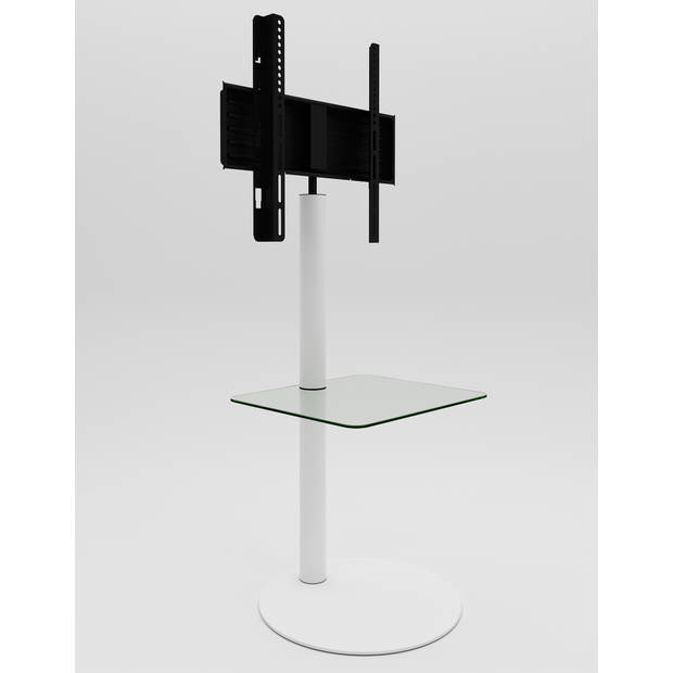 Cirla TV-meubel met 1 plank, ronde basis, Wit, helder glas.