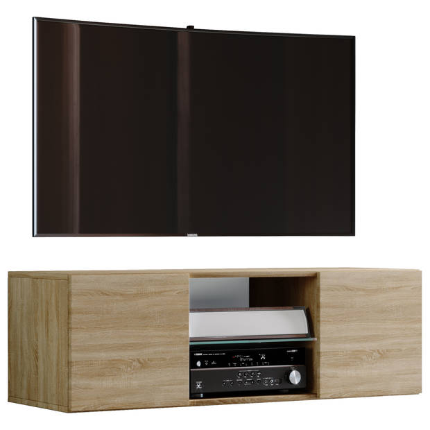 Jusa 115 TV-meubels wandmodel met 2 deuren en 1 glazen legger, Sonoma eiken decor.