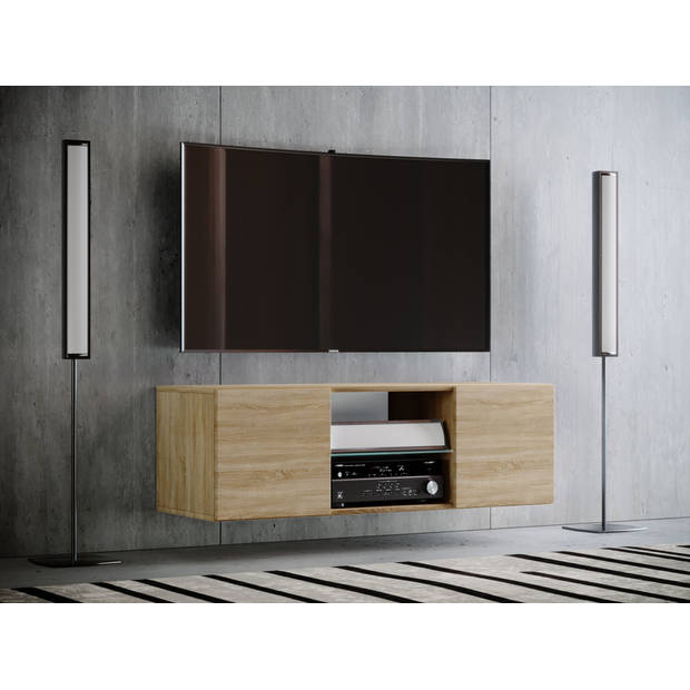 Jusa 115 TV-meubels wandmodel met 2 deuren en 1 glazen legger, Sonoma eiken decor.