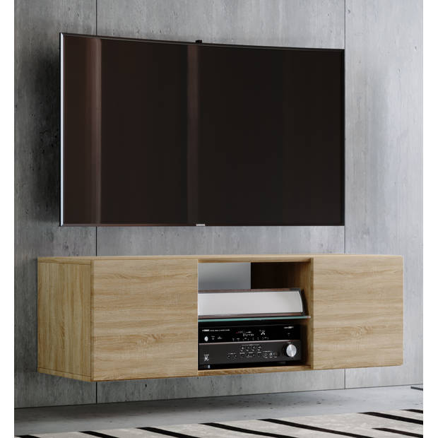 Jusa 115 TV-meubels wandmodel met 2 deuren en 1 glazen legger, Sonoma eiken decor.