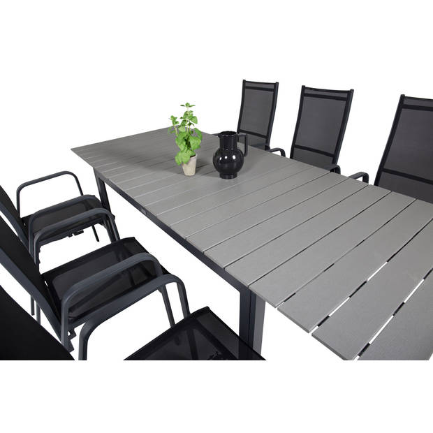 Levels tuinmeubelset tafel 100x160/240cm en 6 stoel Copacabana zwart, grijs.