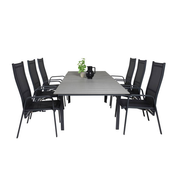 Levels tuinmeubelset tafel 100x160/240cm en 6 stoel Copacabana zwart, grijs.