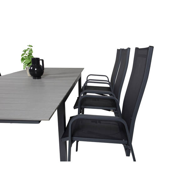 Levels tuinmeubelset tafel 100x160/240cm en 6 stoel Copacabana zwart, grijs.