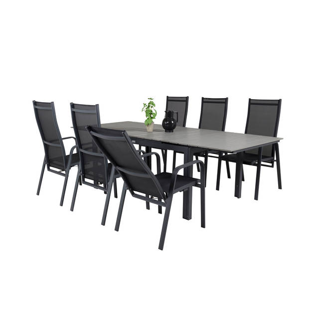 Levels tuinmeubelset tafel 100x160/240cm en 6 stoel Copacabana zwart, grijs.