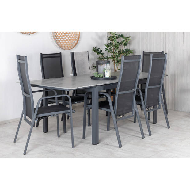 Levels tuinmeubelset tafel 100x160/240cm en 6 stoel Copacabana zwart, grijs.