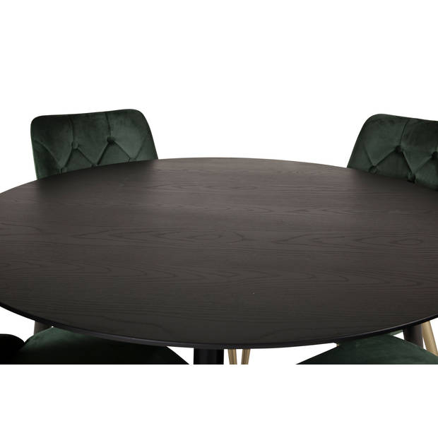 DippØ115BLBR eethoek eetkamertafel zwart en 4 Velvet Deluxe eetkamerstal velours groente, messing decor.