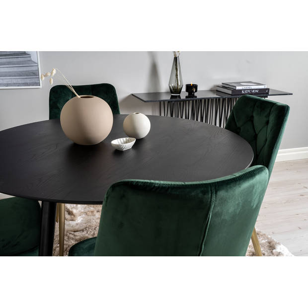 DippØ115BLBR eethoek eetkamertafel zwart en 4 Velvet Deluxe eetkamerstal velours groente, messing decor.