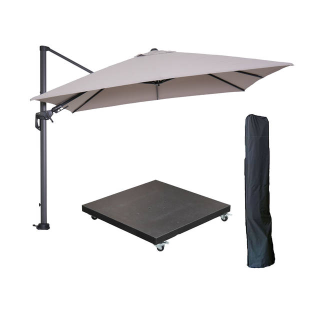 Garden Impressions Hawaii zweefparasol 300x300 cm carbon black / zand met 90kg verrijdbare parasolvoet en parasolhoes