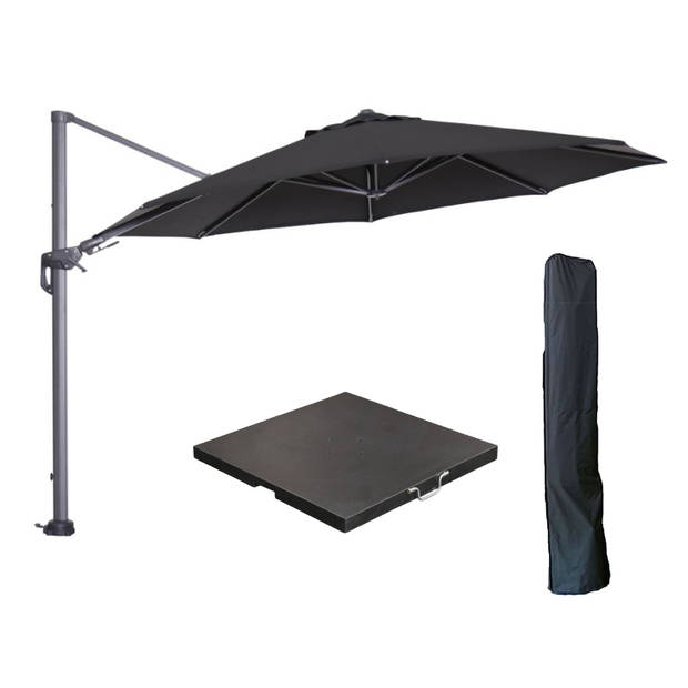 Garden Impressions Hawaii zweefparasol Ø350 cm carbon black / zwart met 90kg black polished parasolvoet en parasolhoes