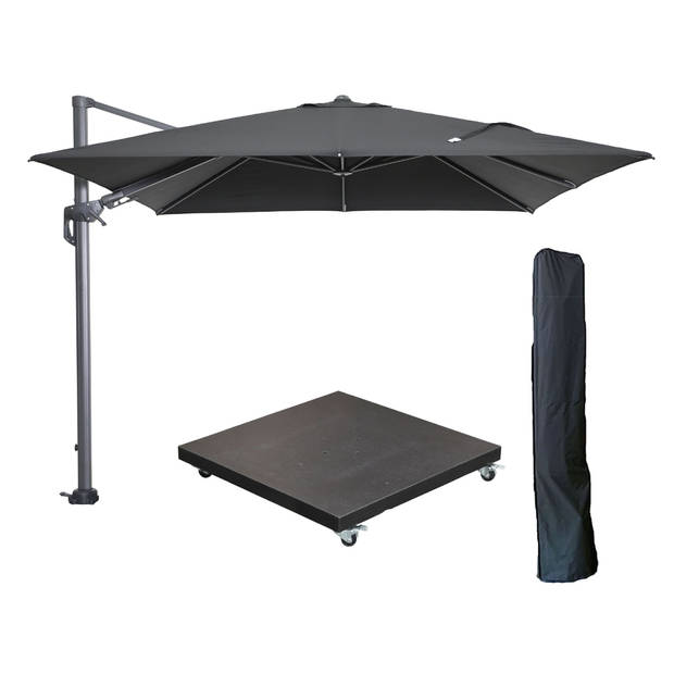 Garden Impressions Hawaii zweefparasol 300x300 cm carbon black / zwart met 90kg verrijdbare parasolvoet en parasolhoes