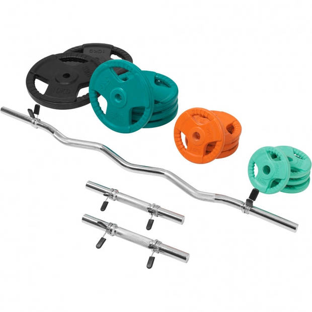 Gorilla Sports EZ-curlset 70 kg Gietijzer - Rubber Coating - Halter met gewichten - Veersluiting 30 mm