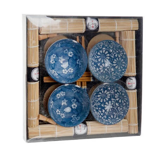 16-delige sushi serveer set keramiek voor 4 personen wit/blauw - Bordjes